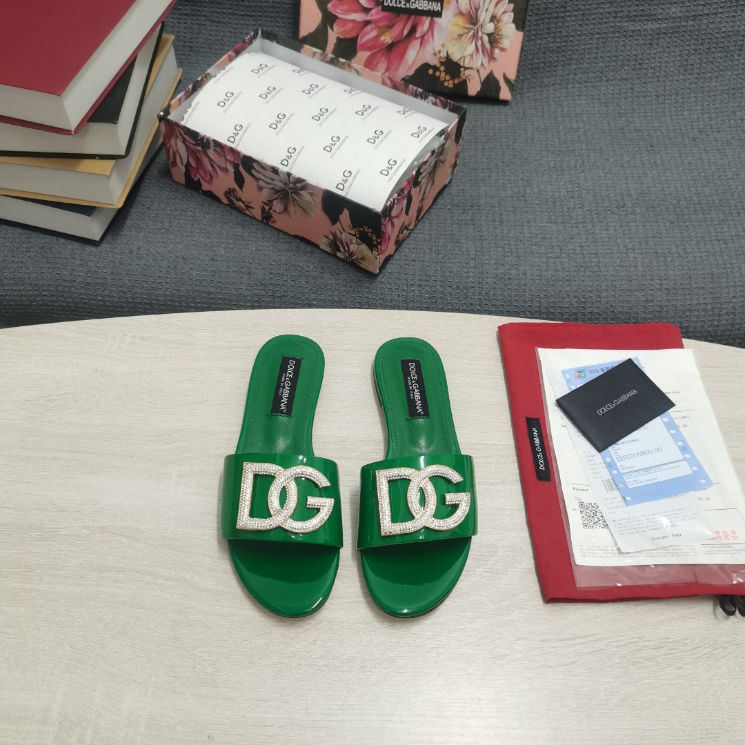 Dolce & Gabbana Foiled Iguana-Print Slides With Rhinestone-Detailed DG Logo Green For Women DG Shoes