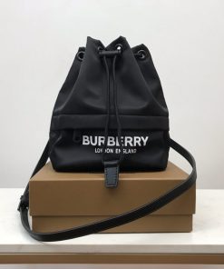 Burberry Logo Print Nylon Drawcord Pouch Black For Women, Women’s Bags 7.7in/19.5cm