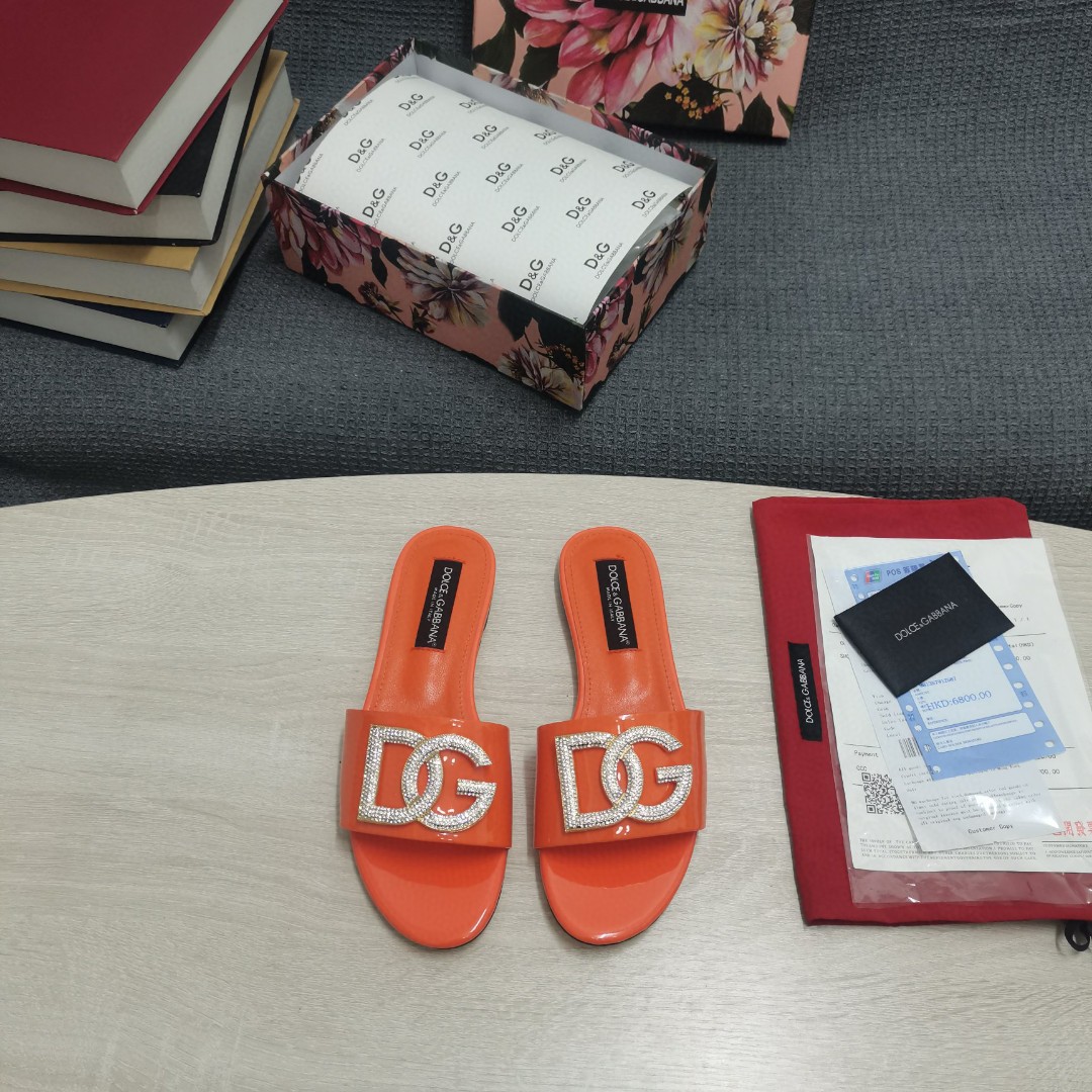 Dolce & Gabbana Foiled Iguana-Print Slides With Rhinestone-Detailed DG Logo Orange For Women DG Shoes