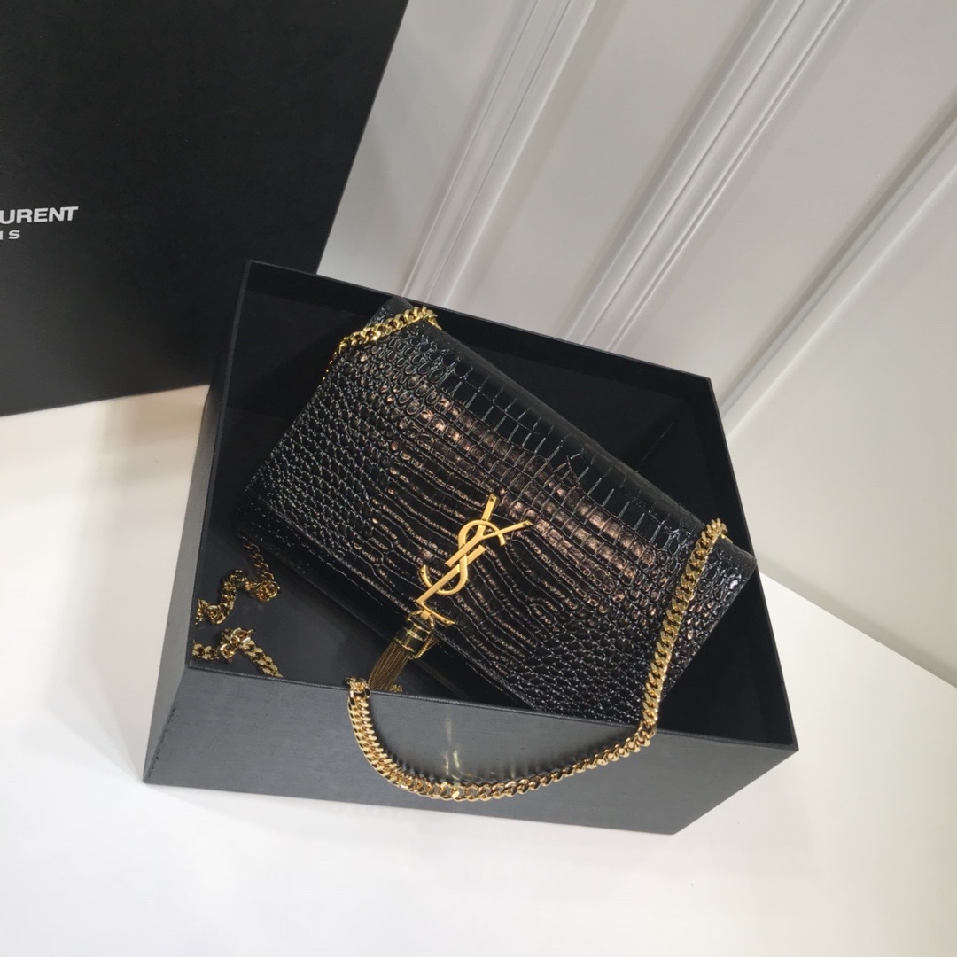 Yves Saint Laurent Kate Medium Chain Bag With Tassel In Embossed Crocodile Black For Women 9.4in/24cm YSL 354119DND0J1000