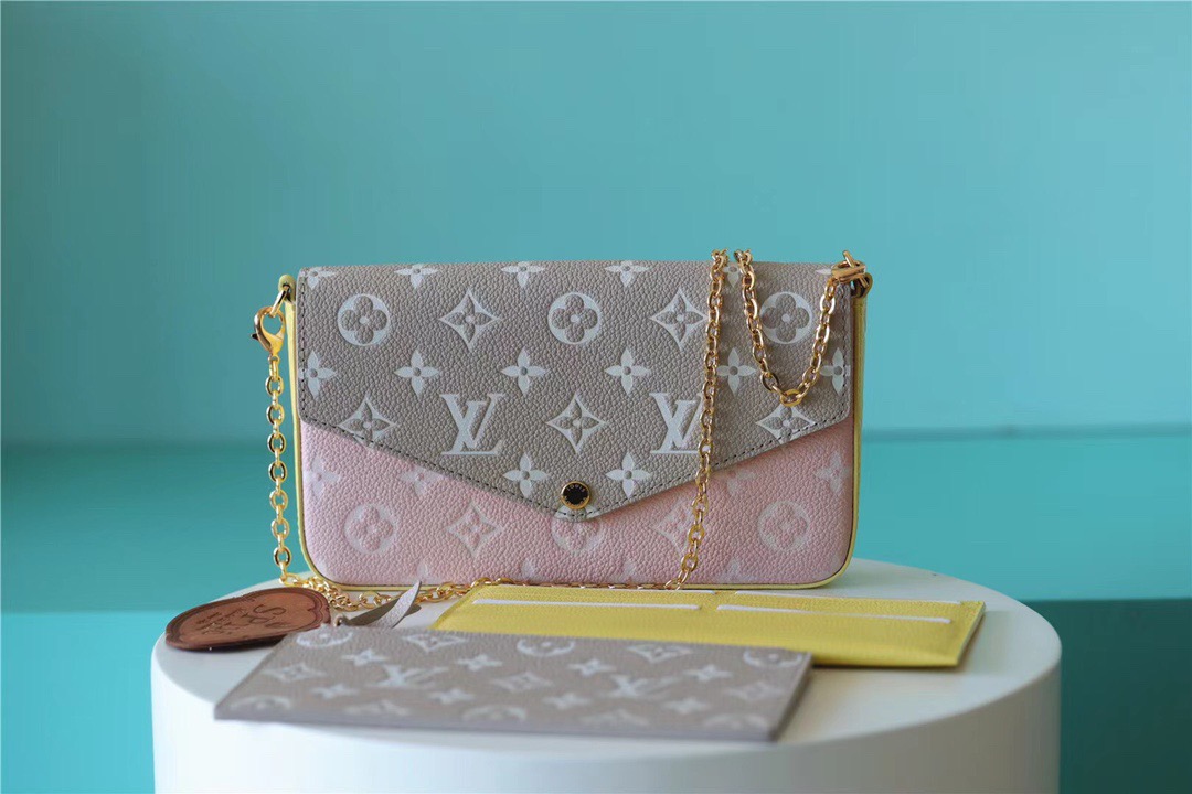 Louis Vuitton Pochette Felicie Monogram Empreinte Pink/ Beige/ Yellow For Women, Women’s Handbags, Shoulder And Crossbody Bags 21cm/8.3in LV M81359