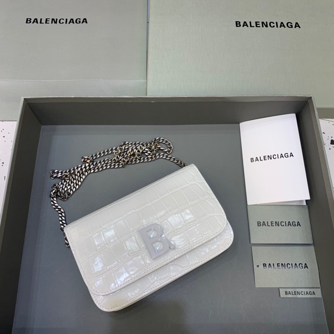 BALENCIAGA Croc Embossed Patent B Bag With Chain In White, For Women, Women’s Bags 7.9in/20cm