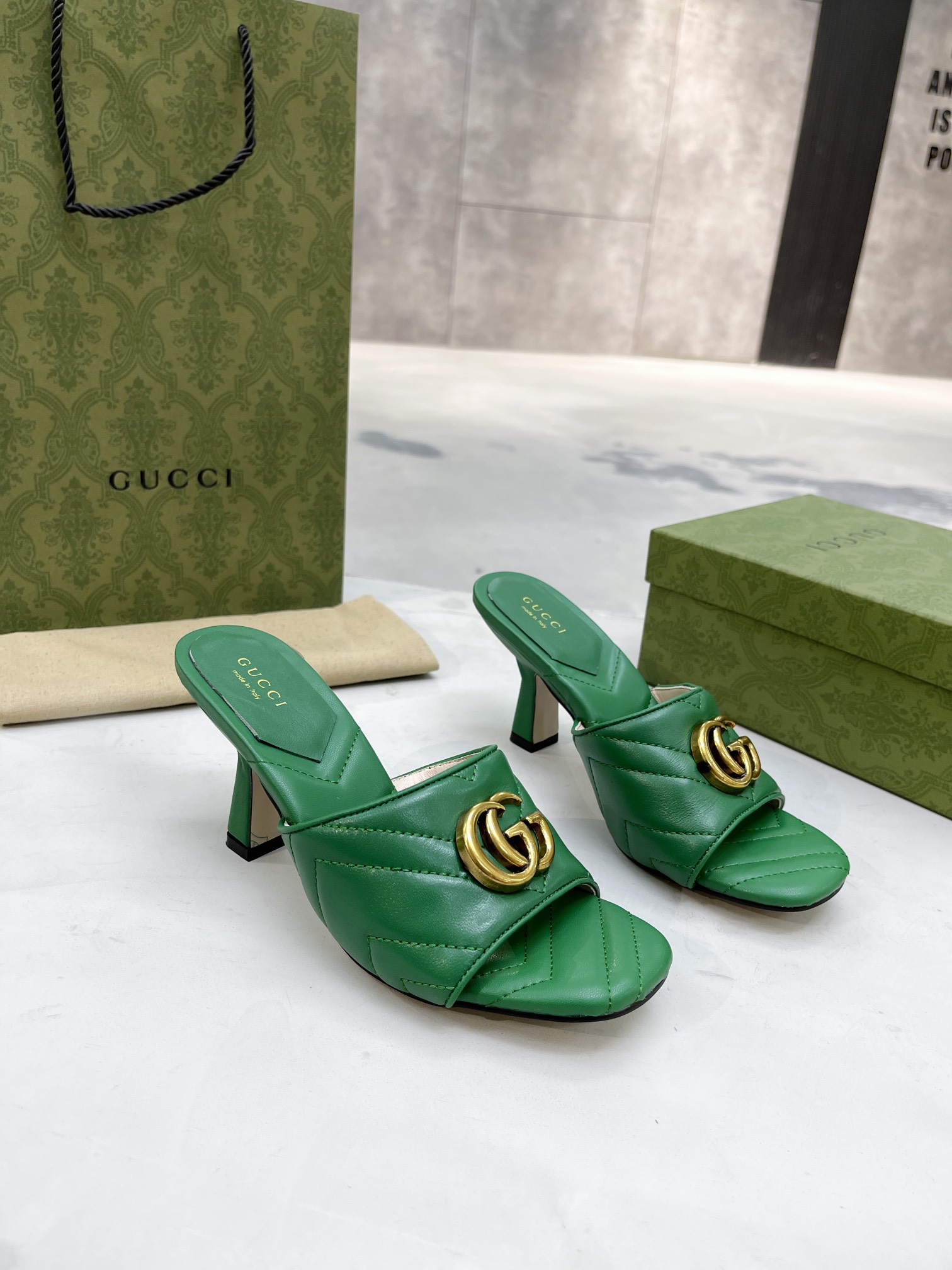 Gucci Double G Slide Sandal Chevron Matelasse Green For Women Gucci ‎674839 BKO00 3120