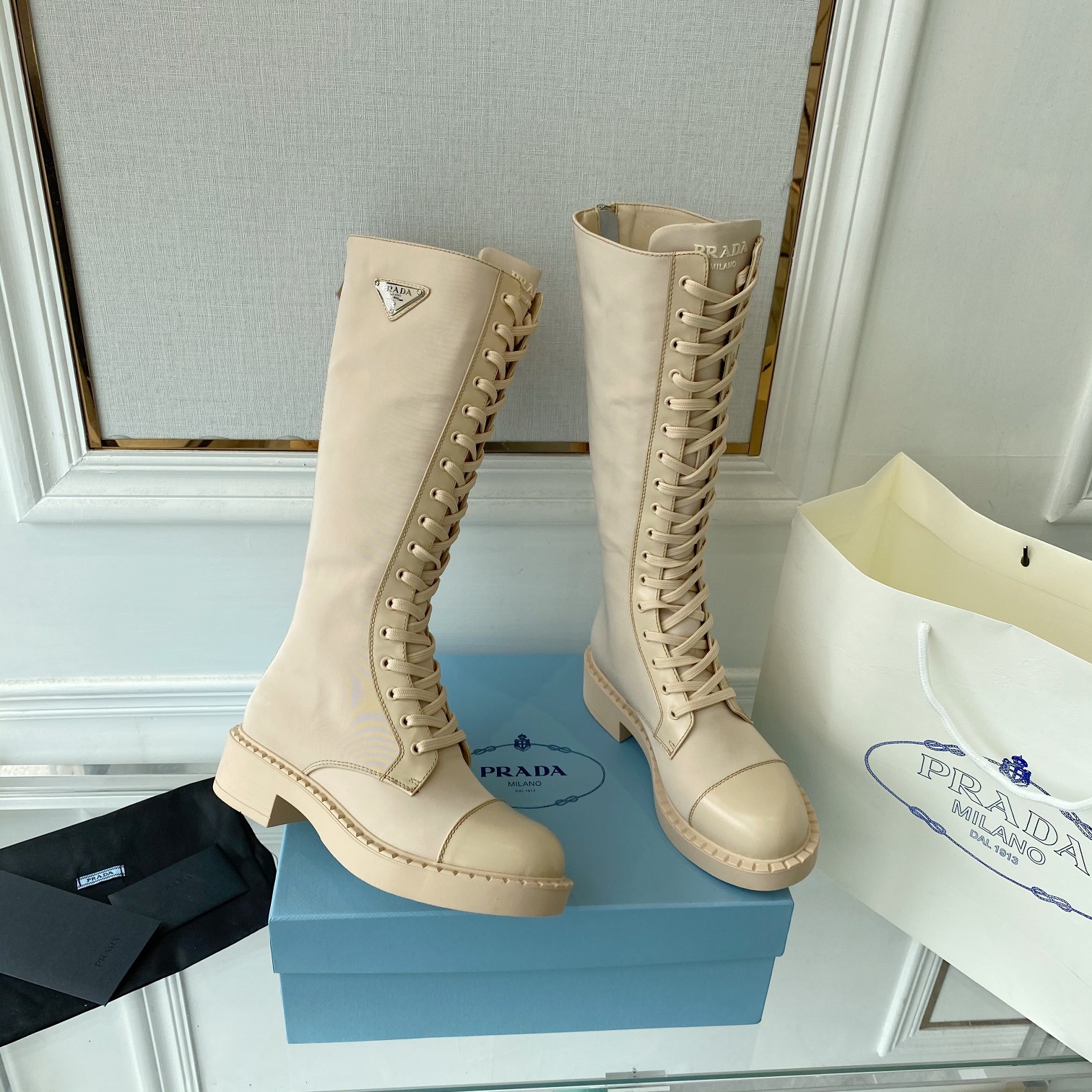 Prada Brushed And Re-Nylon Boots Beige For Women Prada 