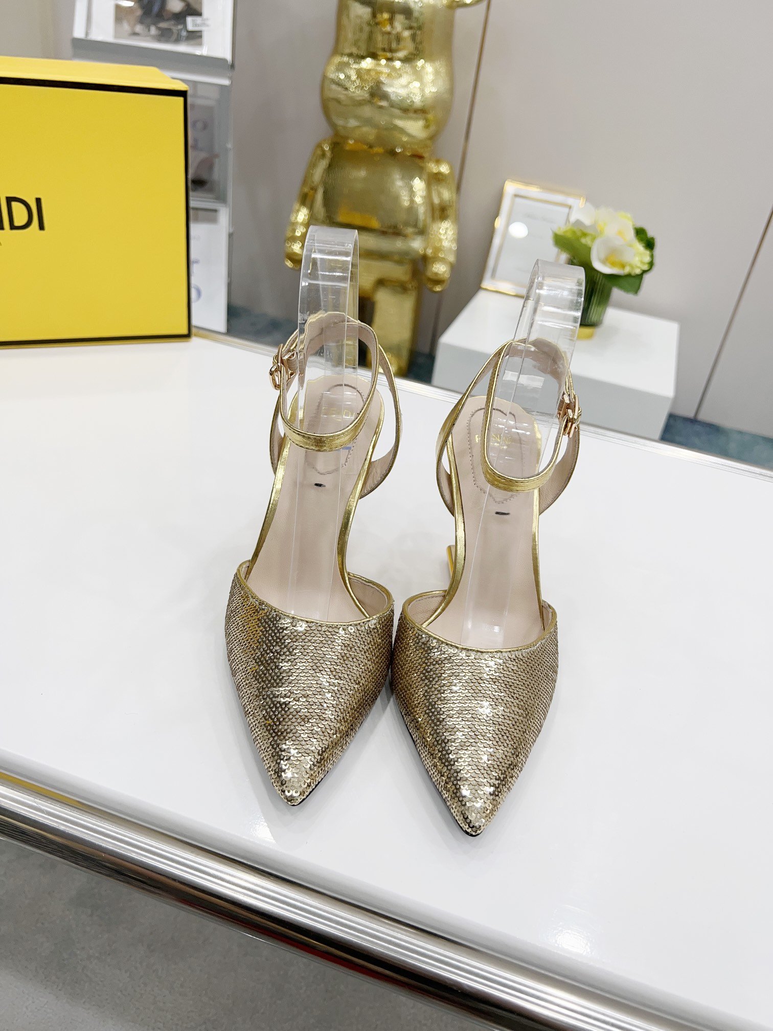 Fendi First Gold Glitter High-Heeled Slingbacks For Women