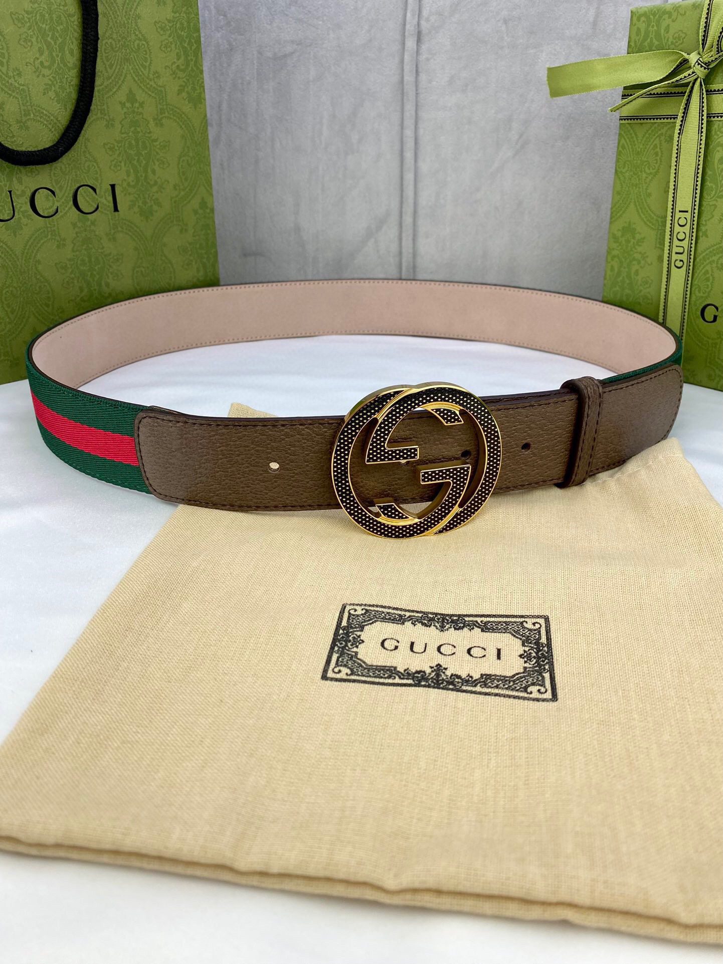 GUCCI Web Belt With G Buckle Green/Red Web Fabric And Brown For Women, Women Belt