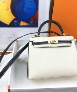 Hermes Kelly 25 Sellier Epsom White/Black Bag For Women, Women’s Handbags, Shoulder Bags 10in/25cm