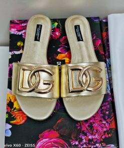 Dolce & Gabbana Polished Sliders With DG Logo Gold For Women DG Shoes