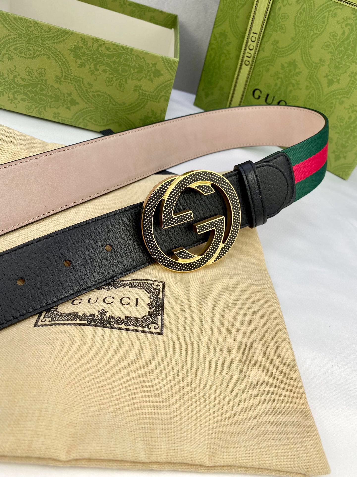 GUCCI Web Belt With Interlocking G Buckle Green/Red Web Fabric And Black For Women, Women Belt
