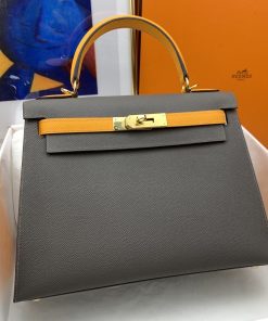 Hermes Kelly 28 Sellier Epsom Dark Grey/Yellow Bag For Women, Women’s Handbags, Shoulder Bags 11in/28cm