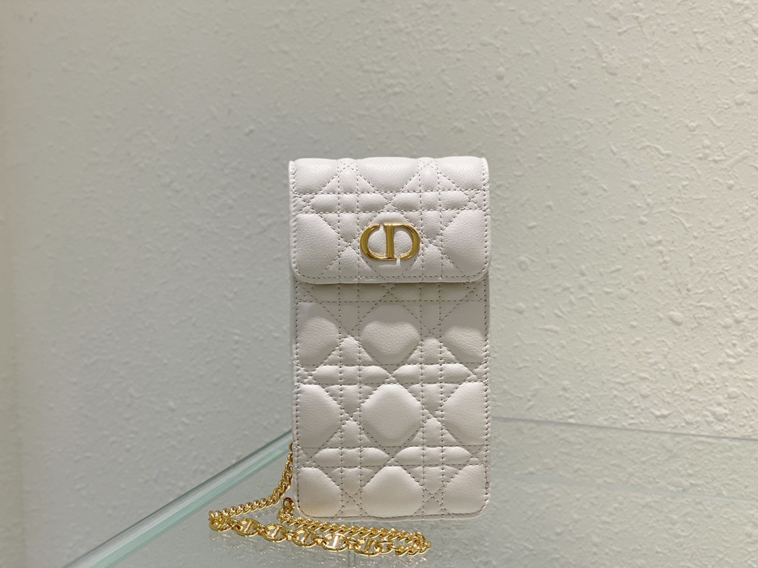 Christian Dior Caro Phone Holder With Chain White, For Women, Women’s Handbags 7.5in/18.5cm CD