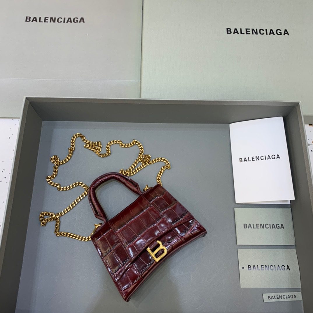 BALENCIAGA Hourglass Mini Handbag With Chain In Dark Red, For Women, Women’s Bags 4.7in/12cm