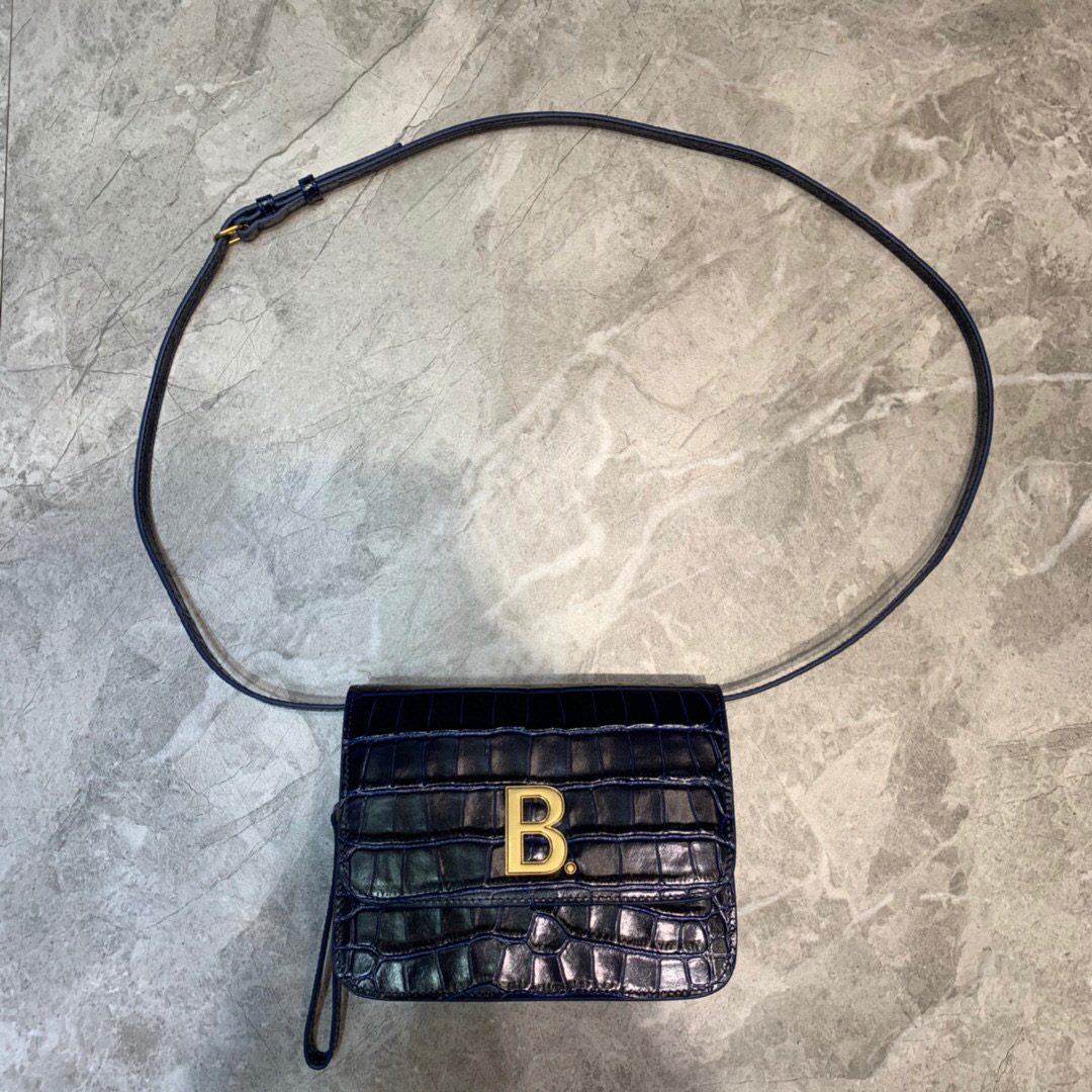 BALENCIAGA B Small Lizard Effect Cross-body Bag In Dark Blue, For Women, Women’s Bags 7in/18cm