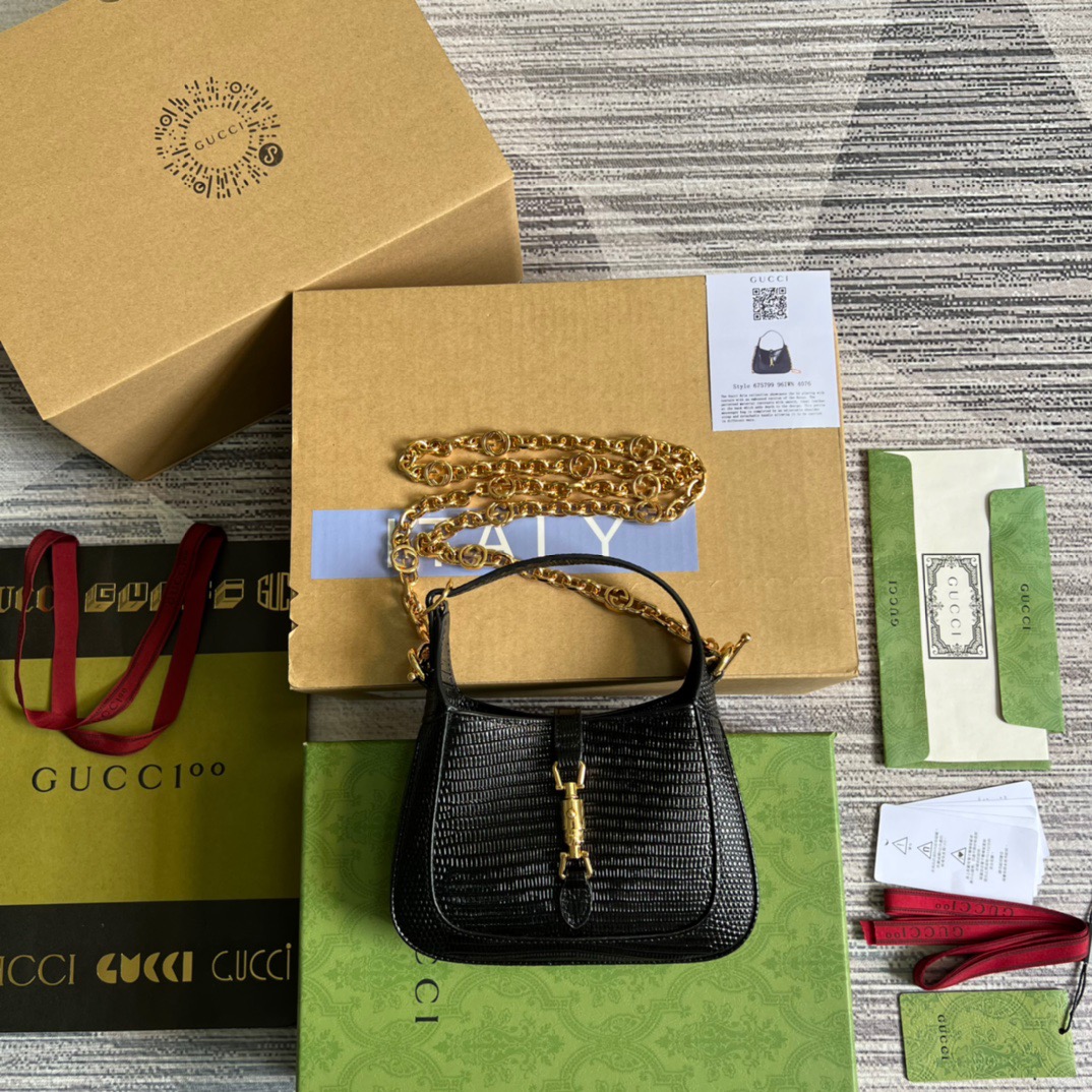 Gucci Jackie 1961 Lizard Mini Bag Black For Women, Women’s Bags 7.5in/19cm Gucci ‎675799 LUZ0G 1000