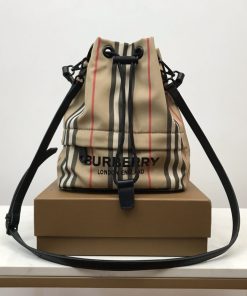 Burberry Icon Stripe Nylon Drawcord Pouch Archive Beige For Women, Women’s Bags 7.7in/19.5cm