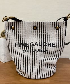 Yves Saint Laurent Rive Gauche Bucket Bag In Striped Canvas For Women 11.8in/30cm Black And White YSL 669299FAAE59583