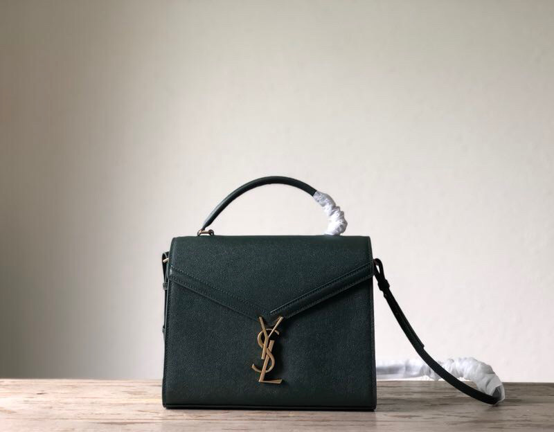 Yves Saint Laurent Cassandra Medium Top Handle Bag In Grain De Poudre Embossed Dark Green For Women 9.6in/25cm 