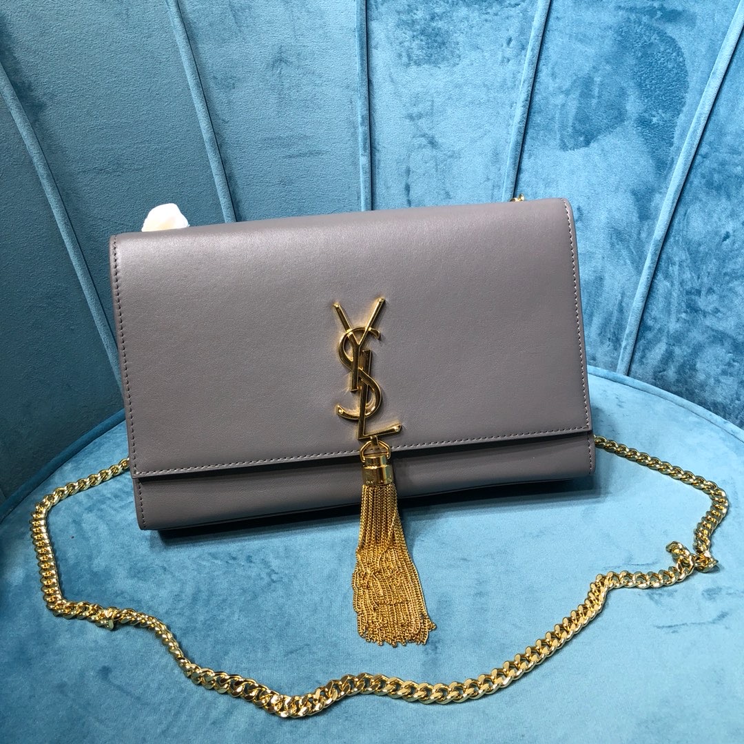 Yves Saint Laurent Kate Medium Chain Bag With Tassel In Grain De Poudre Grey For Women 9.4in/24cm YSL
