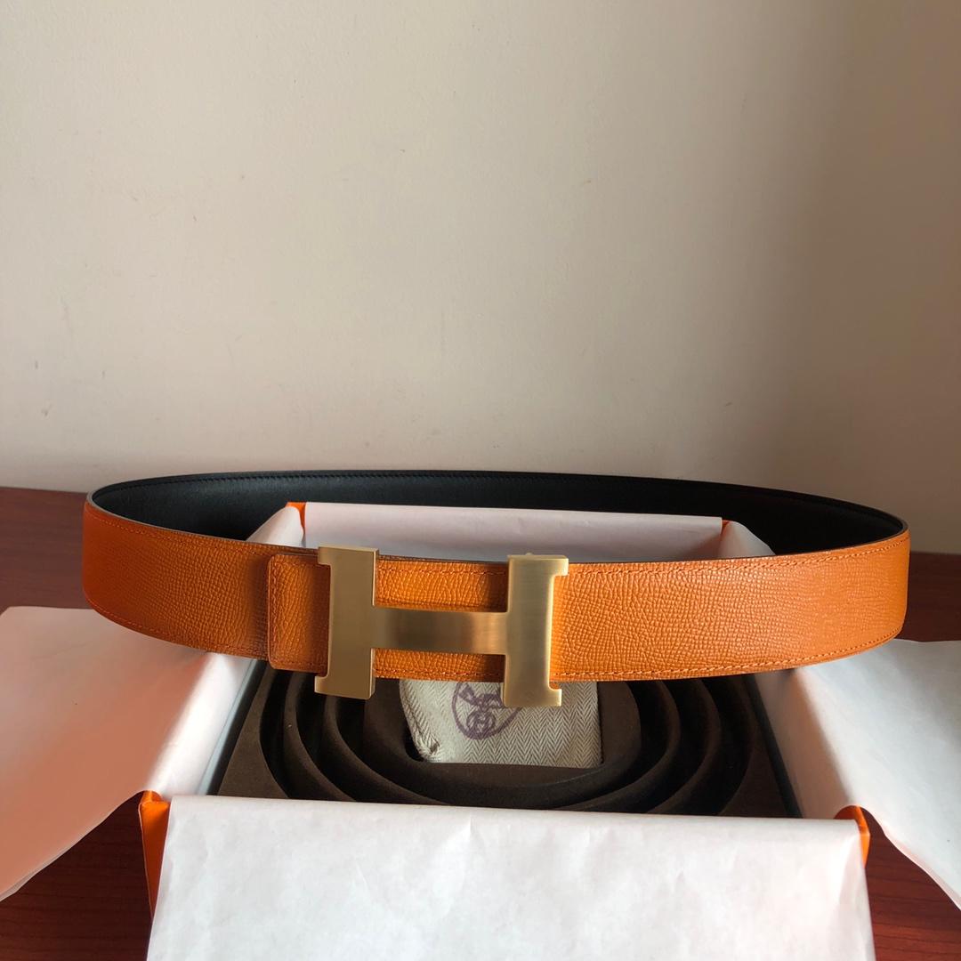 Hermes Mini Constance Guillochee Belt Buckle & Reversible Orange For Women, Women Belt