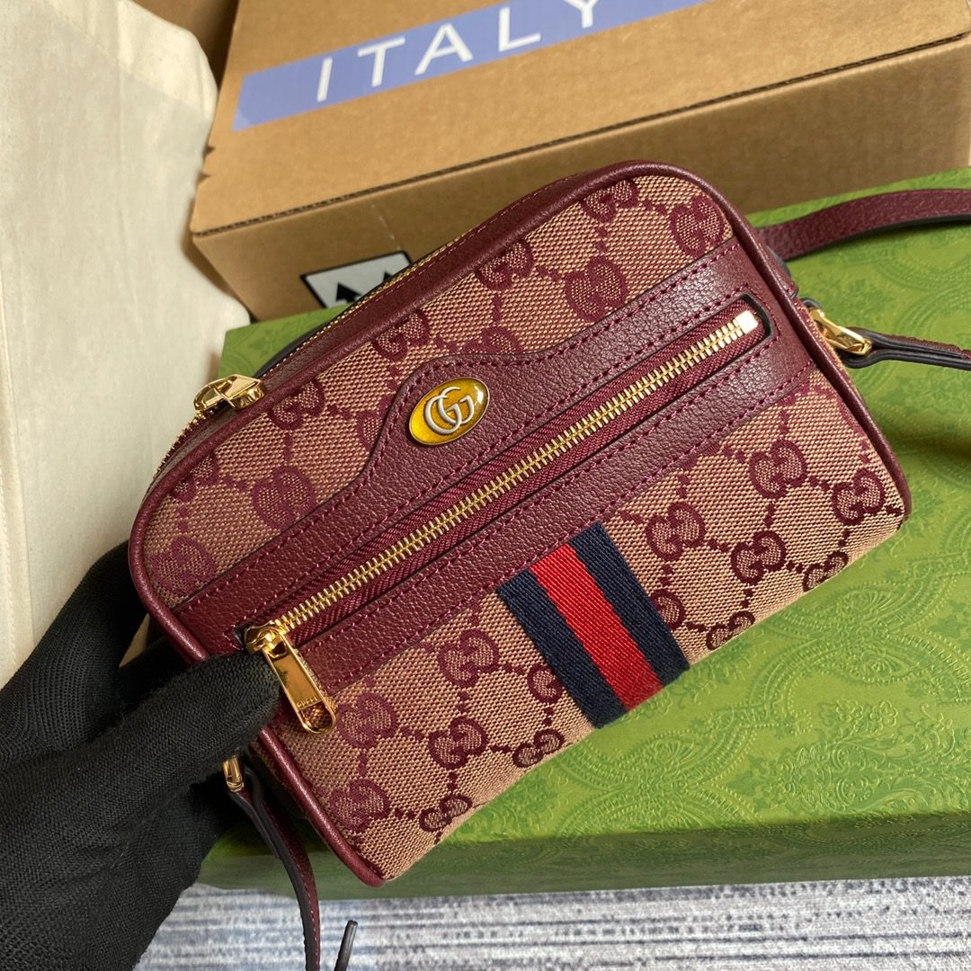 Gucci Ophidia Mini Gucci Bag Beige And Burgundy Gucci Supreme Canvas For Women  7in/17.5cm Gucci 517350-9Y9MS-9864