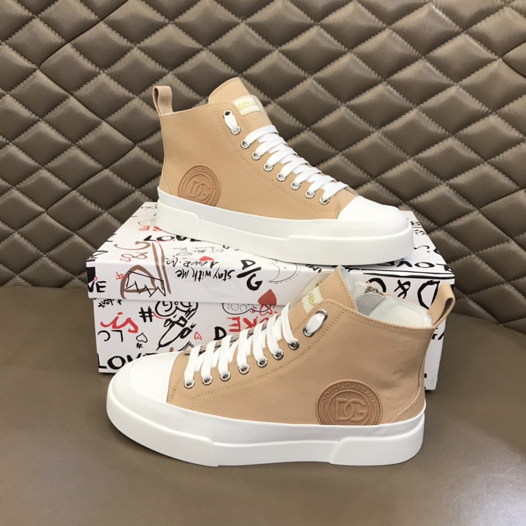 Dolce & Gabbana Two-Tone Canvas Portofino Light Mid-Top Sneakers With DG Logo Brown For Men DG Shoes