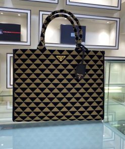 Prada Large Symbole Jacquard Fabric Handbag Black/Beige For Women, Women’s Bags 15.3in/39cm 1BA356_2FKL_F0Y30_V_OOO