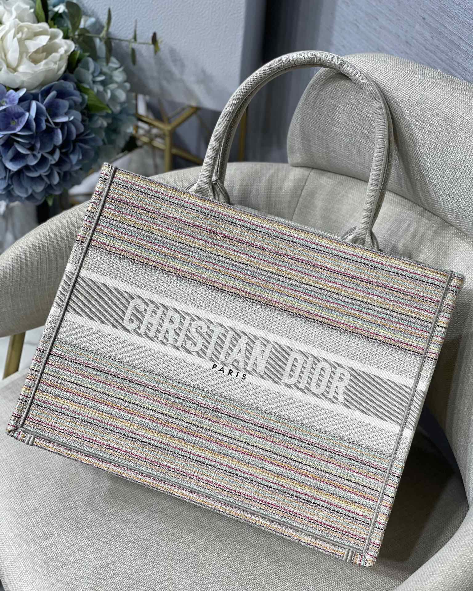 Christian Dior Large Dior Book Tote Bag Canvas Stripes Embroidery For Women 42cm/16.5in CD