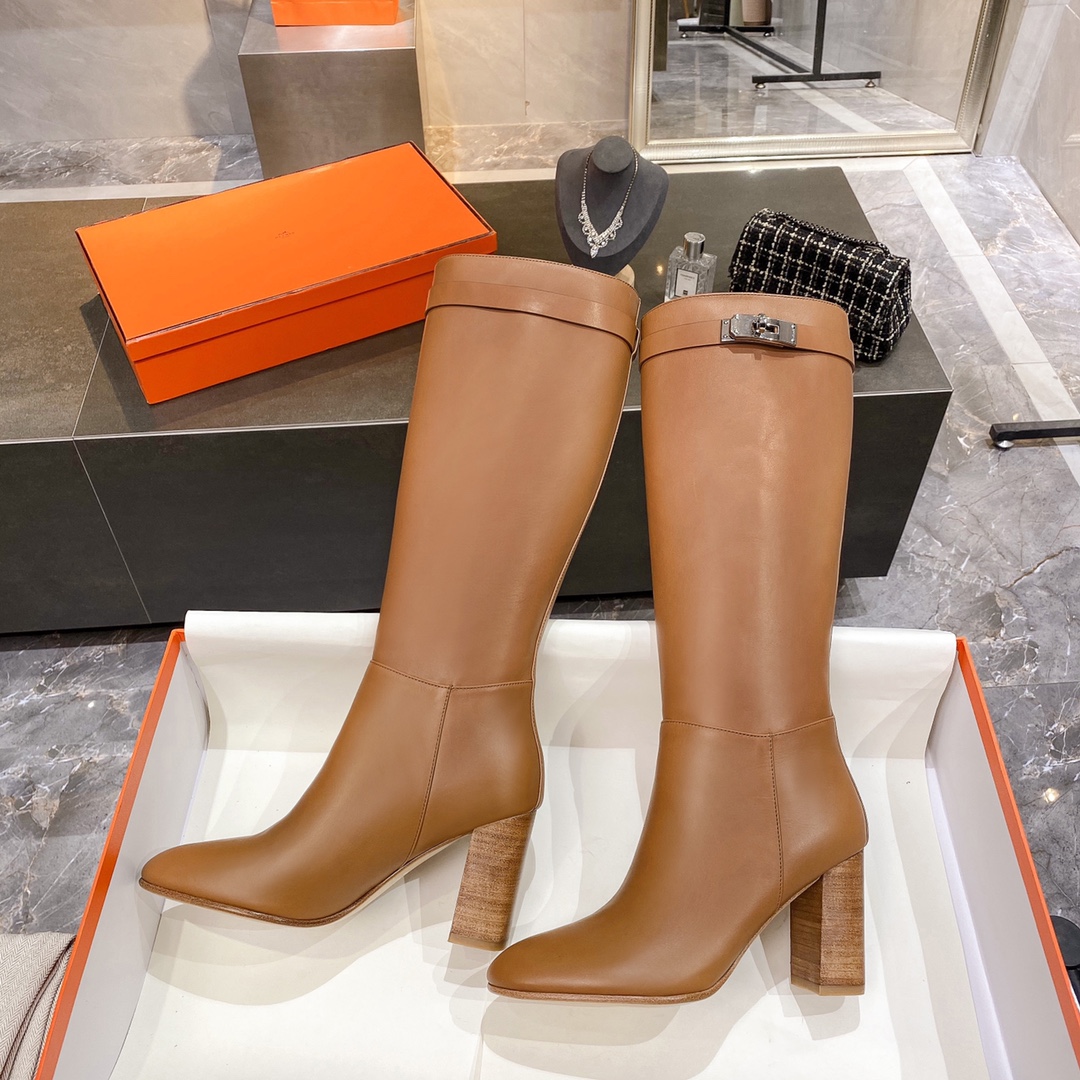 Hermes High Heel Boots Brown For Women 3.54in/9cm