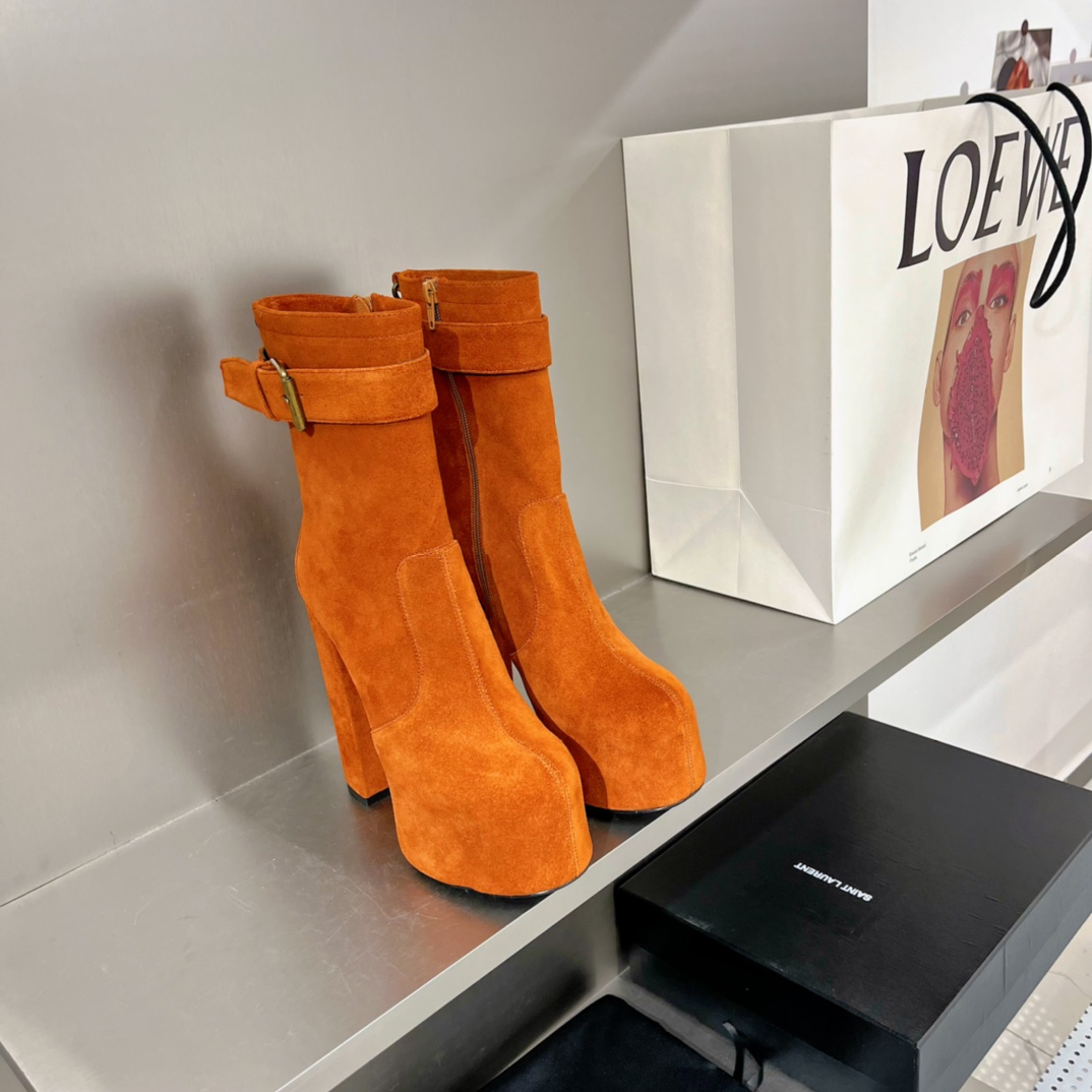 Yves Saint Laurent Women’s Cherry Buckle Platform Booties Orange For Women YSL