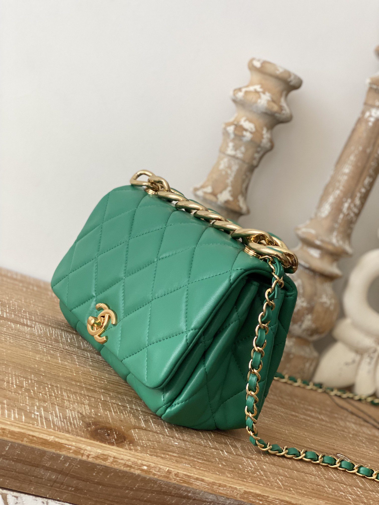 Chanel Classic Diamond Flap Bag Green For Women, Women’s Bags 9.1in/23cm